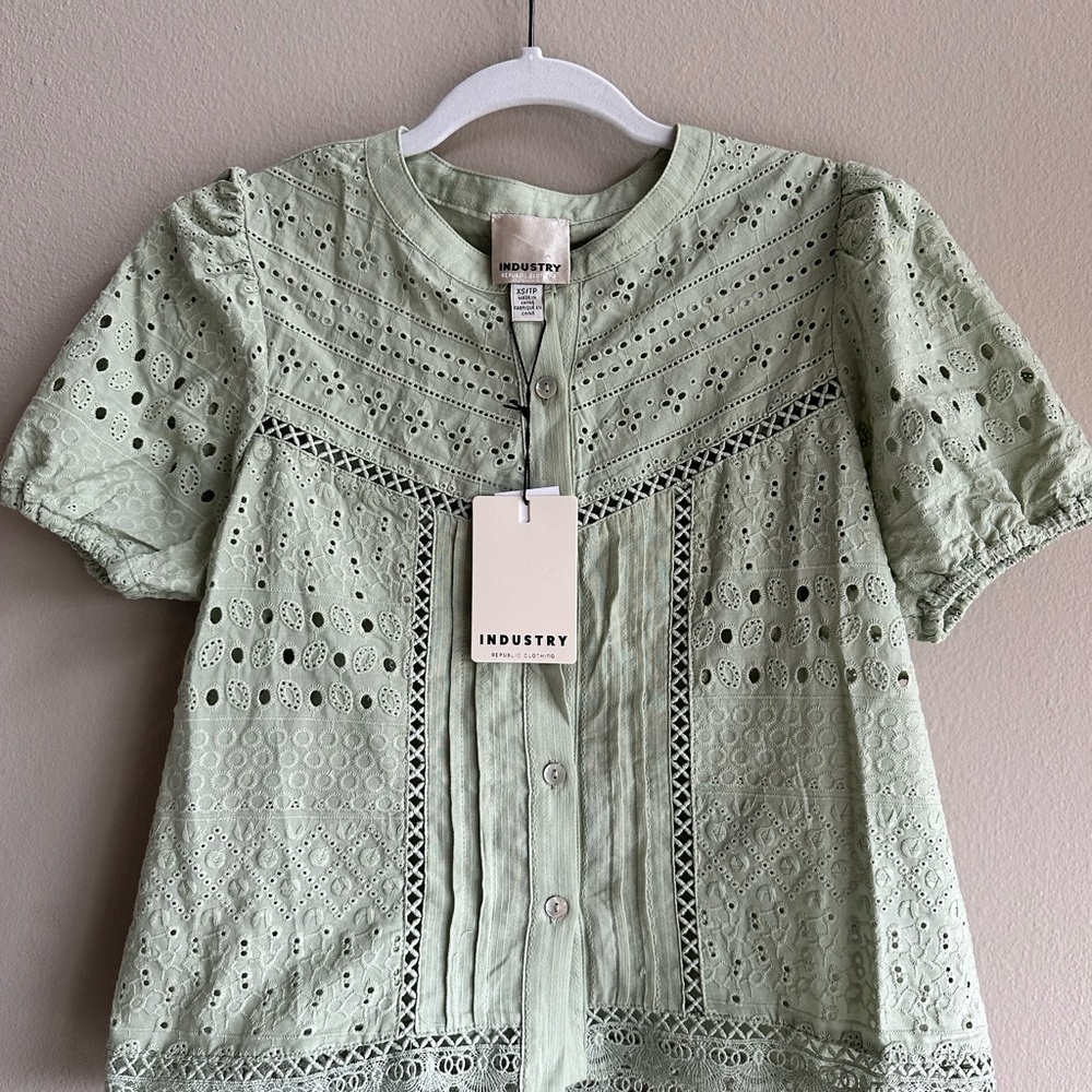 INDUSTRY Mint Broderie Eyelet Button-Front Blouse